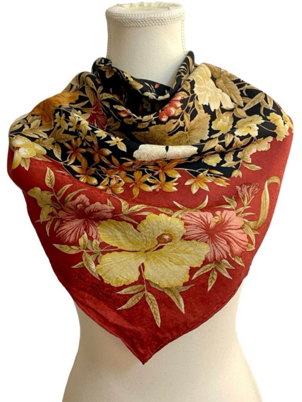 Jim Thompson Floral Silk Scarf 🌺 Rusty Red & Black Botanical Print | 33 x 32